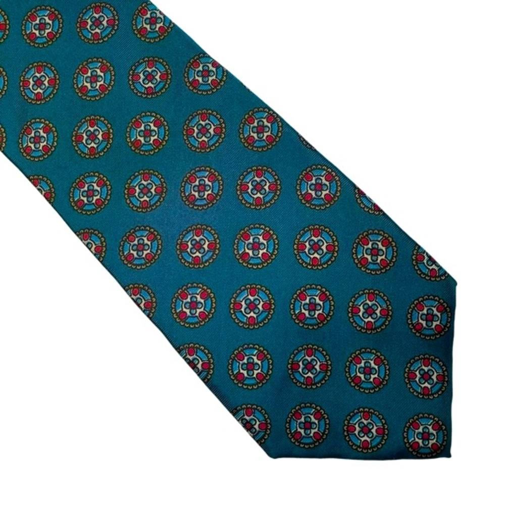 Classic Vintage Van Heusen 417 100% Silk Tie Dark Teal with Floral Circles